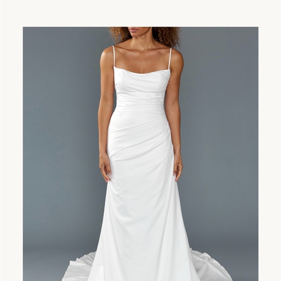 White Spaghetti Strap Sleeveless Wedding Gown. Louvienne Rhys wedding dress.